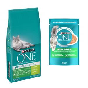 Purina ONE: 9,75 kg karma sucha + karma mokra, 13 x 85 g gratis! - Indoor Formula + Indoor Formula, z tuńczykiem i zieloną fasolą