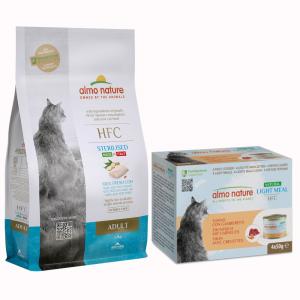 Almo Nature HFC: Adult Sterilized, dorsz, karma sucha, 1,2 kg + Natural Light, 4 x 50 g gratis! - Dorsz, 1,2 kg + Tuńczyk i krewetki, 4 x 50 g