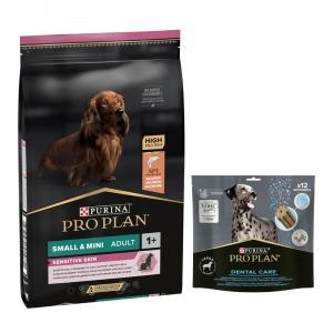 PURINA PRO PLAN: karma sucha + Dental Care dla dużych psów, 426 g (12 sztuk) gratis! - Small & Mini Adult Sensitive Skin, łosoś i ryż, 7 kg