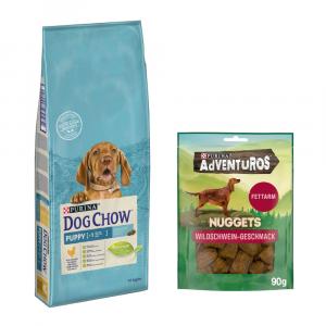 Purina: Dog Chow, karma sucha dla psa, 14 kg + Adventuros Nuggets, przysmak, 90 g gratis! - Puppy, kurczak