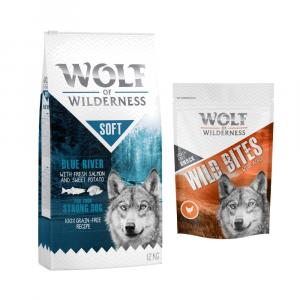 Wolf of Wilderness, sucha karma dla psa, 12 kg + przysmak Wild Bites, 180 g gratis! - „Soft – Blue River”, łosoś + Wide Acres - kurczak, 180 g