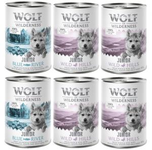 5 + 1 gratis! Wolf of Wilderness, 6 x 400 g - Junior, Pakiet mieszany: 4x kaczka i cielęcina, 2x kurczak i łosoś