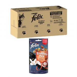 Felix: karma mokra dla kota w galarecie, 120 x 85 g + KnabberMix Grill, przysmak, 60 g gratis! - Sensations, mięsna różnorodność