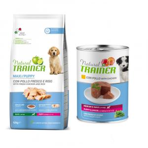 Natural Trainer: karma sucha dla psa, 12 kg + karma mokra dla psa, 400 g gratis! - Puppy Maxi + Medium & Maxi Puppy & Junior, kurczak