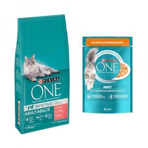 Purina ONE: 9,75 kg karma sucha + karma mokra, 13 x 85 g gratis! - Adult, łosoś ze zbożem pełnoziarnistym + Adult, kurczak z zieloną fasolką