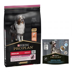 PURINA PRO PLAN: karma sucha + Dental Care dla dużych psów, 426 g (12 sztuk) gratis! - Medium Adult Sensitive Skin, łosoś i ryż, 7 kg