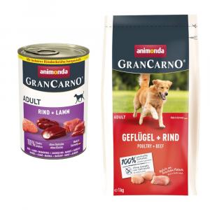 Animonda GranCarno Original: karma mokra, 6 x 400 g + karma sucha, drób + wołowina, 1 kg gratis! - Adult, wołowina i jagnięcina