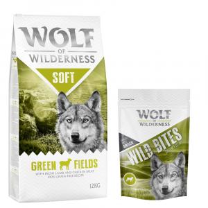 Wolf of Wilderness, sucha karma dla psa, 12 kg + przysmak Wild Bites, 180 g gratis! - „Soft – Green Fields”, jagnięcina + Green Fields - jagnięcina, 180 g