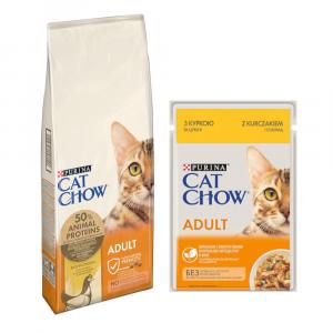 PURINA Cat Chow: 10 kg / 15 kg karma sucha + karma mokra, 26 x 85 g gratis! - Adult, kurczak, 15 kg + Kurczak