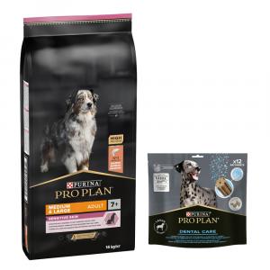 PURINA PRO PLAN: karma sucha + Dental Care dla dużych psów, 426 g (12 sztuk) gratis! - Medium & Large Adult 7+ Sensitive Skin, łosoś i ryż, 14 kg