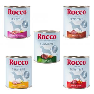 Mieszany pakiet próbny Rocco, 6 x 800 g - Sensitive: Kurczak/Ziemniaki, Jagnięcina/Ryż, Dziczyzna/Makaron, Indyk/Ziemniaki, Wołowina/Marchew