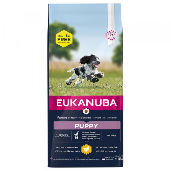 15 + 3 kg gratis! Eukanuba, karma sucha dla psa, 18 kg - Puppy Medium Breed, kurczak