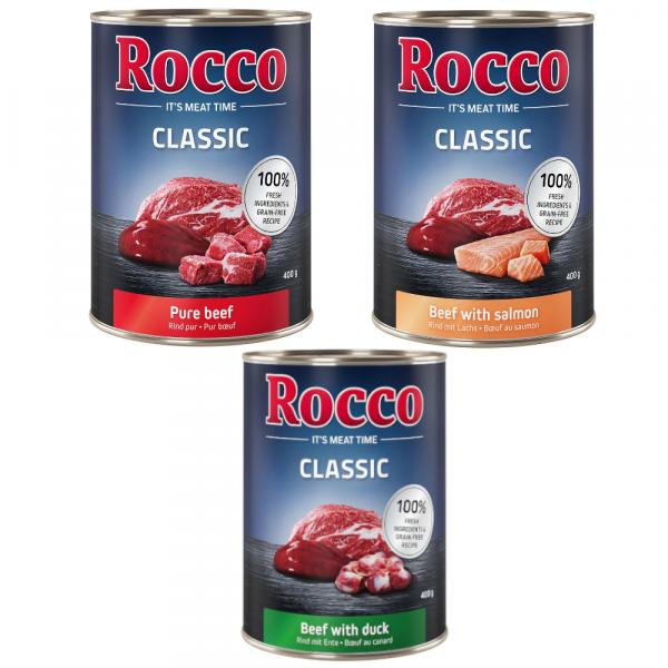 Pakiet mieszany Rocco Classic, 12 x 400 g - Mix ekskluzywny: Czysta wołowina, Wołowina/Łosoś, Wołowina/Kaczka