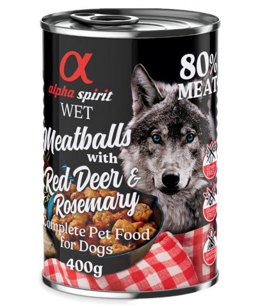 4 + 2 gratis! alpha spirit Dog Meatballs, karma mokra dla psa, 6 x 400 g - Jeleń szlachetny z rozmarynem