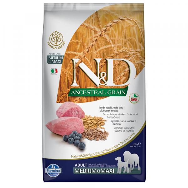 Dwupak Farmina - N&D Ancestral Grain Adult Medium & Maxi, jagnięcina i czarna jagoda