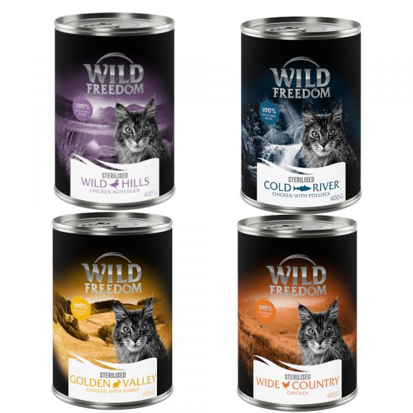 Wild Freedom Adult Sterilised, 6 x 400 g - bez zbóż - Pakiet mieszany (2x czysty kurczak, 2x czarniak i kurczak, 1x królik, 1x kaczka)