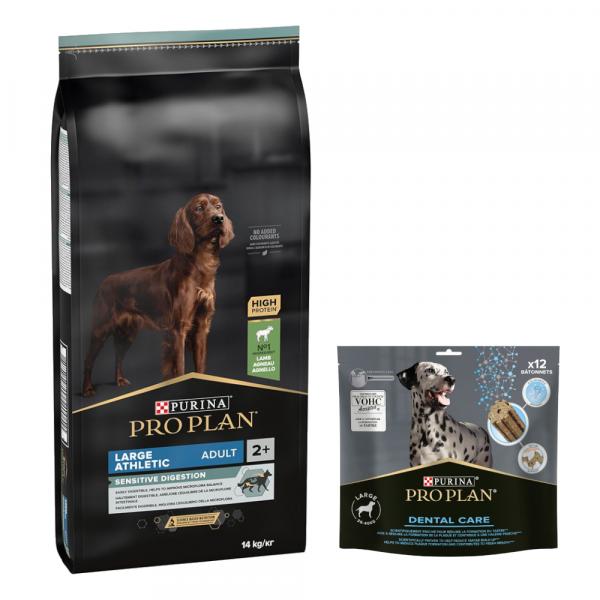 PURINA PRO PLAN: karma sucha + Dental Care dla dużych psów, 426 g (12 sztuk) gratis! - Large Adult Athletic Sensitive Digestion, jagnięcina i ryż, 14 kg