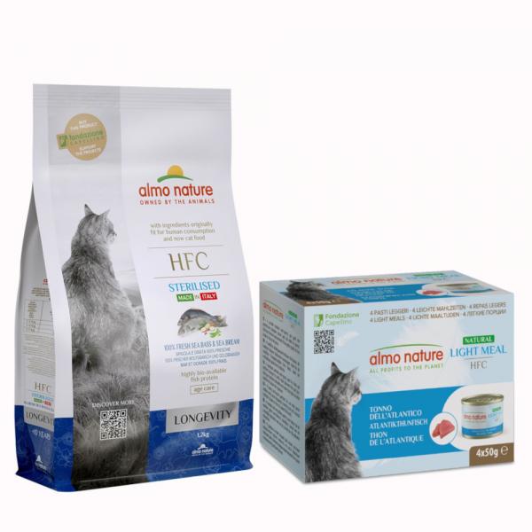 Almo Nature HFC: Longevity Sterilized, karma sucha, 1,2 kg + Natural Light, 4 x 50 g gratis! - Bass morski i dorada, 1,2 kg + Tuńczyk atlantycki, 4 x 50 g