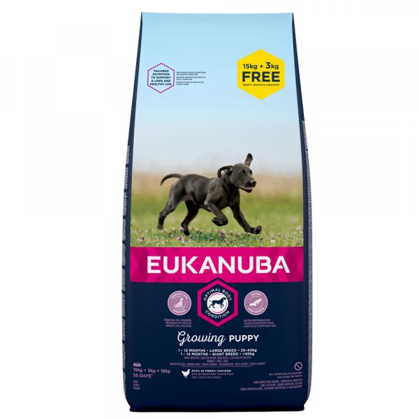 15 + 3 kg gratis! Eukanuba, karma sucha dla psa, 18 kg - Puppy Large Breed, kurczak