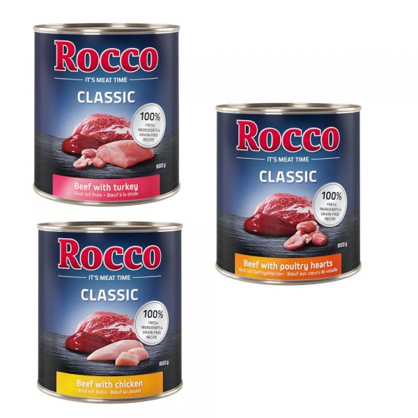 Korzystny pakiet Rocco Classic, 12 x 800 g - Mix drobiowy: wołowina/kurczak, wołowina/serca drobiowe, wołowina/indyk