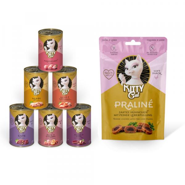 Kitty Cat: Adult Pate, karma mokra, 6 x 400 g + Praliné, kurczak i wątróbka, przysmak, 50 g gratis! - Pakiet mieszany II (6 smaków)