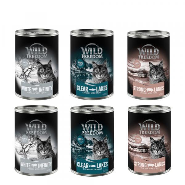 Wild Freedom Adult, 6 x 400 g - bezzbożowa receptura - Pakiet mieszany III (pstrąg, wieprzowina, konina)