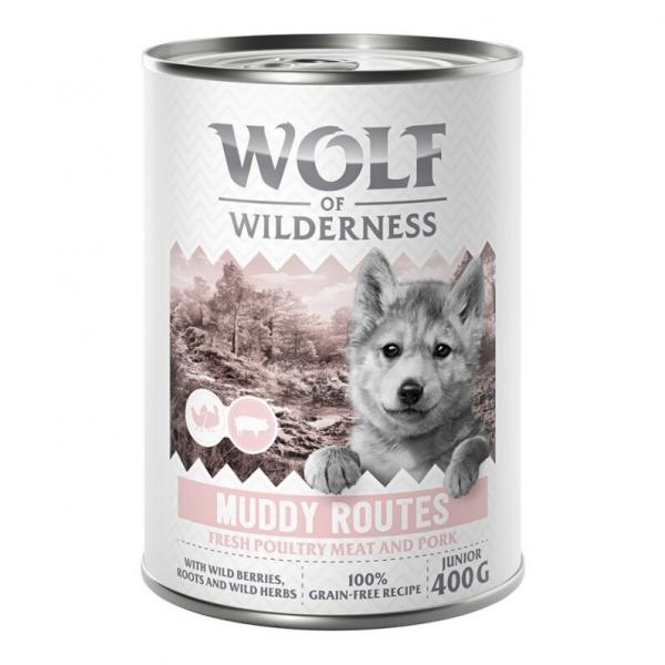 10 + 2 gratis! Wolf of Wilderness, karma mokra dla psa, 12 x 400 g - Junior “Expedition”, Muddy Routes - Drób z wieprzowiną