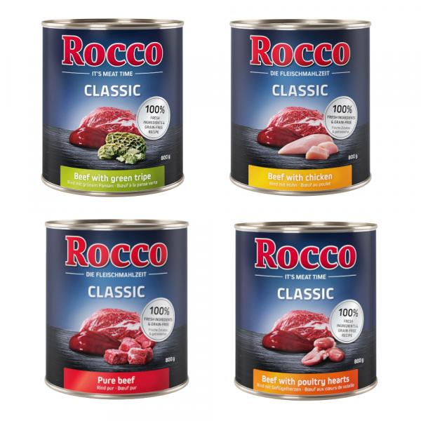 10% taniej! Rocco, karma mokra dla psa, 24 x 800 g - Mieszany pakiet Classic 1: czysta wołowina (6 x 800 g), wołowina i serca drobiowe (6 x 800 g), wołowina i zielone żwacze (6 x 800 g), wołowina i kurczak (6 x 800 g)