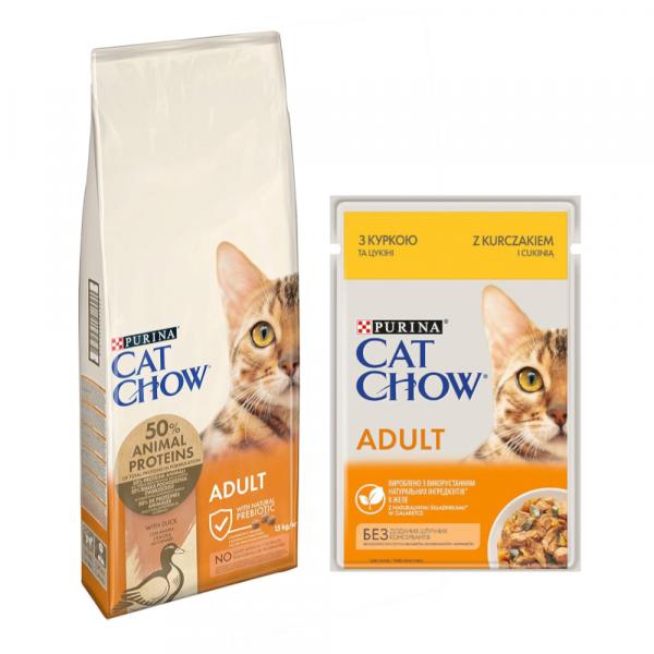 PURINA Cat Chow: 10 kg / 15 kg karma sucha + karma mokra, 26 x 85 g gratis! - Adult, kaczka, 15 kg + Kurczak