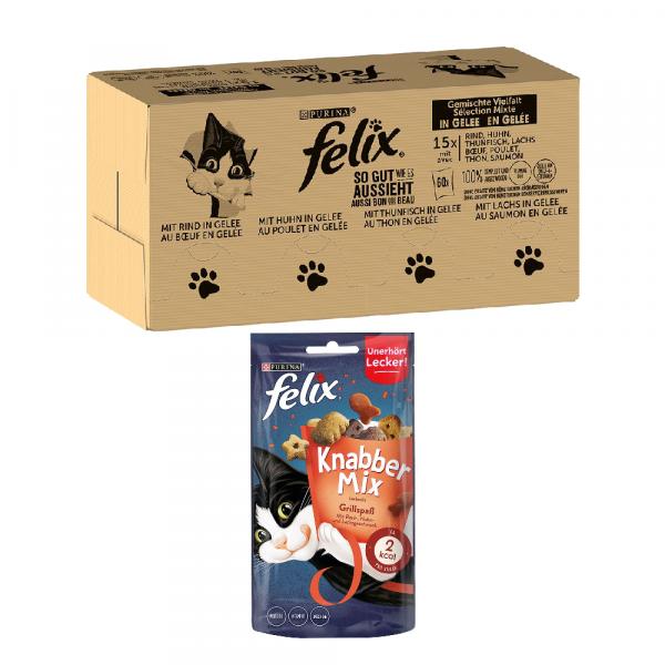 Felix: karma mokra dla kota w galarecie, 120 x 85 g + KnabberMix Grill, przysmak, 60 g gratis! - Fantastic, So gut wie es aussieht, wołowina, łosoś, kurczak, tuńczyk