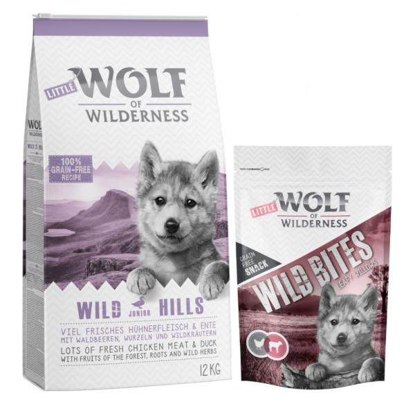 Wolf of Wilderness, sucha karma dla psa, 12 kg + przysmak Wild Bites, 180 g gratis! - Junior, Wild Hills, kaczka + Junior \