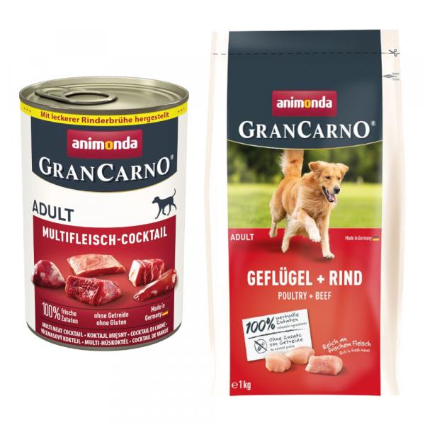 Animonda GranCarno Original: karma mokra, 6 x 400 g + karma sucha, drób + wołowina, 1 kg gratis! - Adult, koktajl wielomięsny