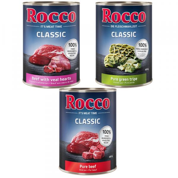 10% taniej! Mieszany pakiet Rocco, 6 x 400 g / 800 g - Classic, Mix II: czysta wołowina, wołowina/serca cielęce, wołowina/żwacz wołowy, 6 x 400 g