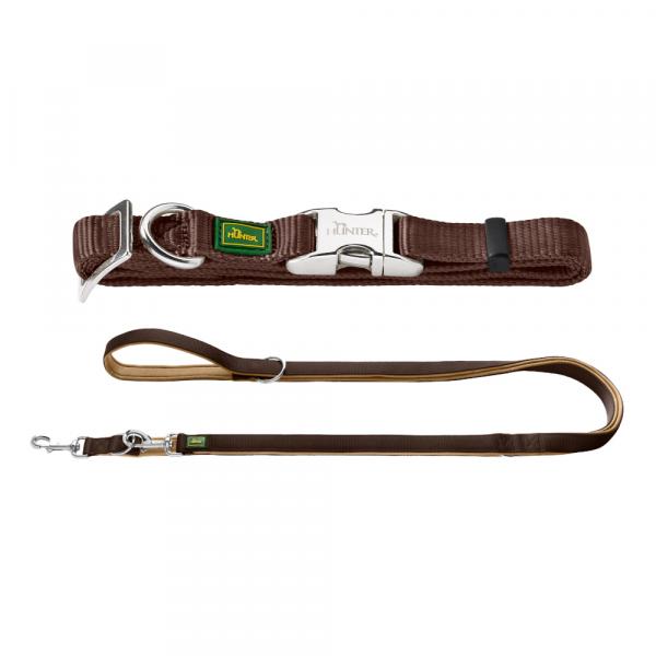 HUNTER neoprenowa smycz dla psa, brązowa/karmelowa - Pakiet: smycz neoprenowa + obroża Vario Basic Alu-Strong M