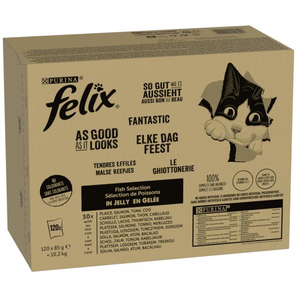 Pakiet Felix Fantastic w galarecie, So gut wie es aussieht, 120 x 85 g - Tuńczyk, łosoś, dorsz, gładzica