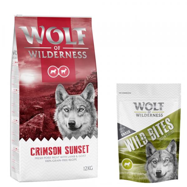 Wolf of Wilderness, sucha karma dla psa, 12 kg + przysmak Wild Bites, 180 g gratis! - Adult, Crimson Sunset, jagnięcina i mięso kozie + Green Fields - jagnięcina, 180 g