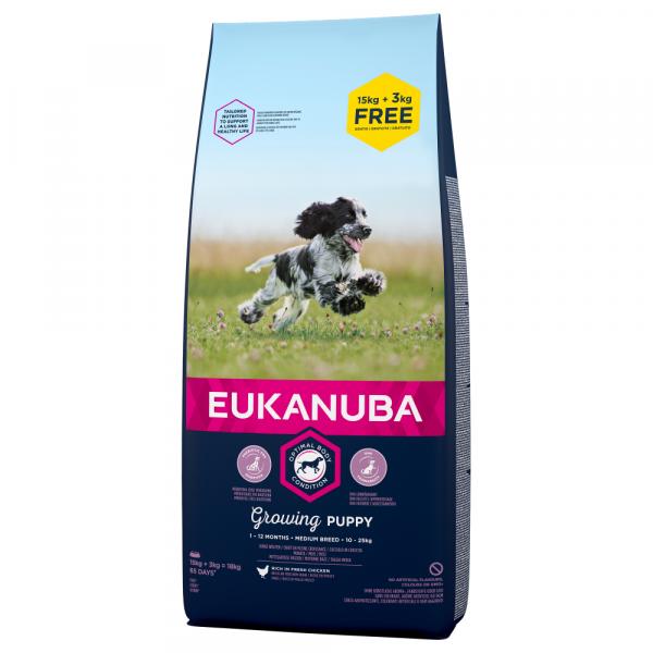 15 + 3 kg gratis! Eukanuba, karma sucha dla psa, 18 kg - Puppy Medium Breed, kurczak