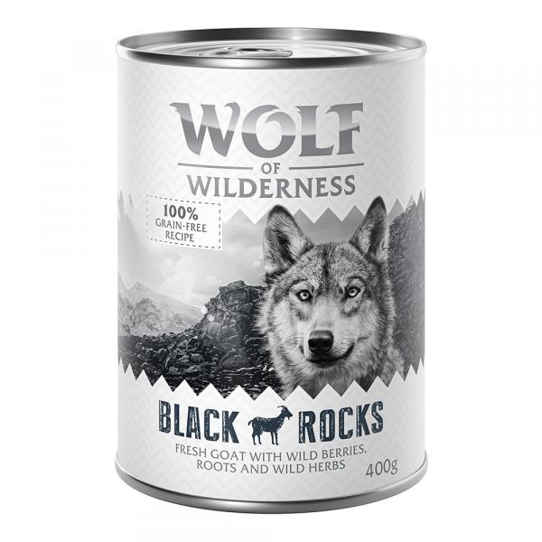 Korzystny pakiet Wolf of Wilderness Adult, 24 x 400 g - Black Rocks, koza