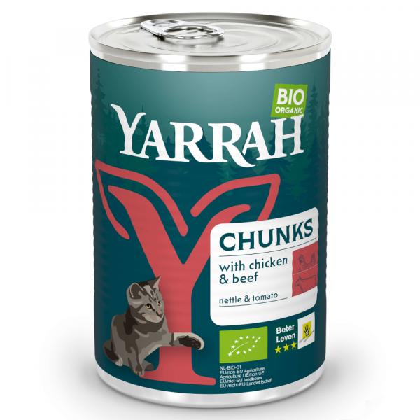 Korzystny pakiet Yarrah Bio Chunks, 12 x 405 g - Biokurczak i biowołowina z biopokrzywą i biopomidorami w sosie