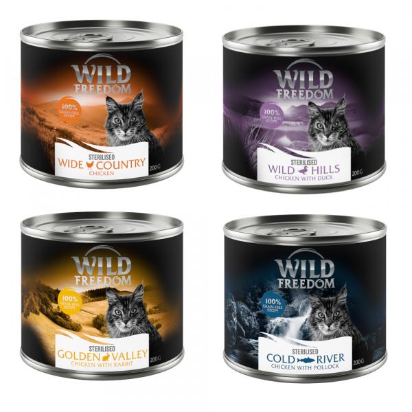 10 + 2 gratis! Wild Freedom, mokra karma dla kota, 12 x 200 g - Adult Sterilised, pakiet mieszany (2x czysty kurczak, 2x kurczak i czarnniak, 1x kurczak i królik, 1x kurczak i kaczka)