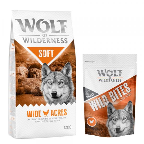 Wolf of Wilderness, sucha karma dla psa, 12 kg + przysmak Wild Bites, 180 g gratis! - „Soft – Wide Acres”, kurczak + Wide Acres - kurczak, 180 g