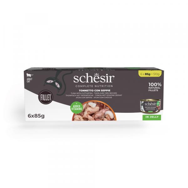 Schesir Complete Nutrition, filet w galarecie, 6 x 85 g - Tuńczyk z kalmarami