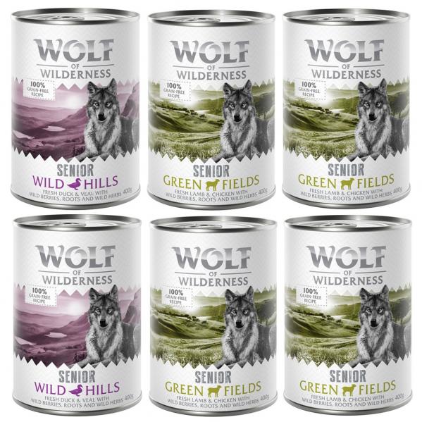 5 + 1 gratis! Wolf of Wilderness, 6 x 400 g - Senior, Pakiet mieszany: 4x jagnięcina i kurczak, 2x kaczka i cielęcina