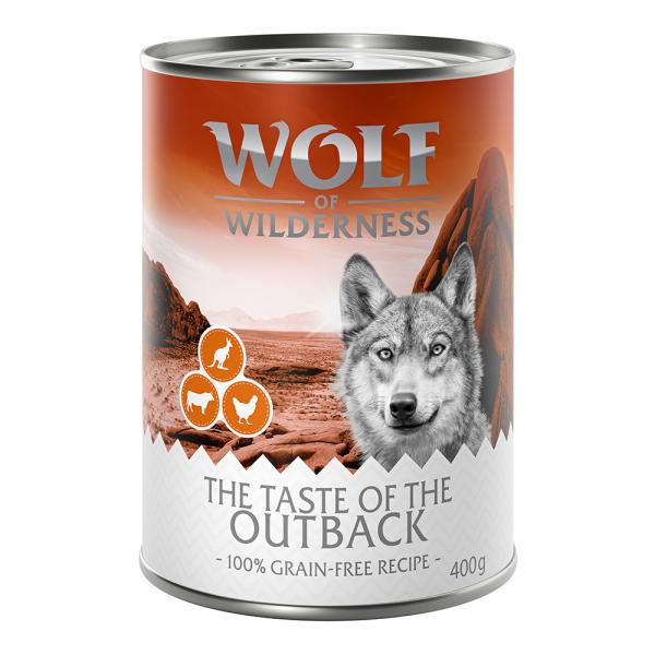 5 + 1 gratis! Wolf of Wilderness, karma mokra, 6 x 400 g - The Taste of Outback - kurczak, wołowina, kangur