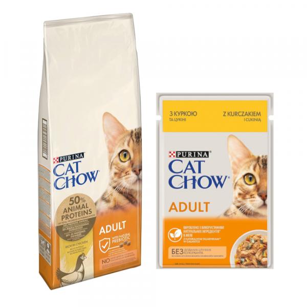 15% taniej! Purina Cat Chow: karma sucha dla kota, 15 kg + karma mokra, 26 x 85 g - Adult, kurczak, 15 kg + Kurczak