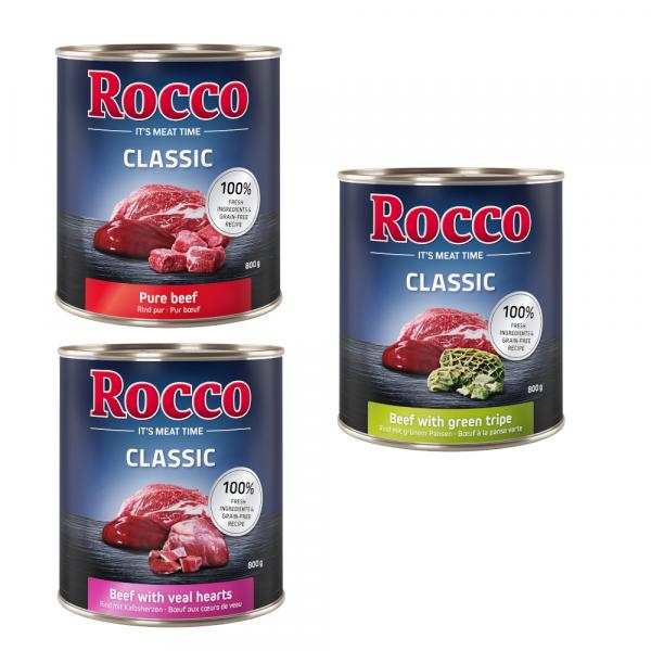 Korzystny pakiet Rocco Classic, 12 x 800 g - Mix wołowy: czysta wołowina, wołowina/serce cielęce, wołowina/żwacze