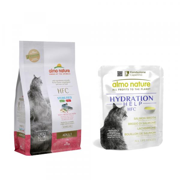 Almo Nature HFC Adult Sterilized, łosoś, 1,2 kg + Almo Nature HFC Hydration Help, 6 x 50 g gratis! - 1,2 kg + 6 x 50 g