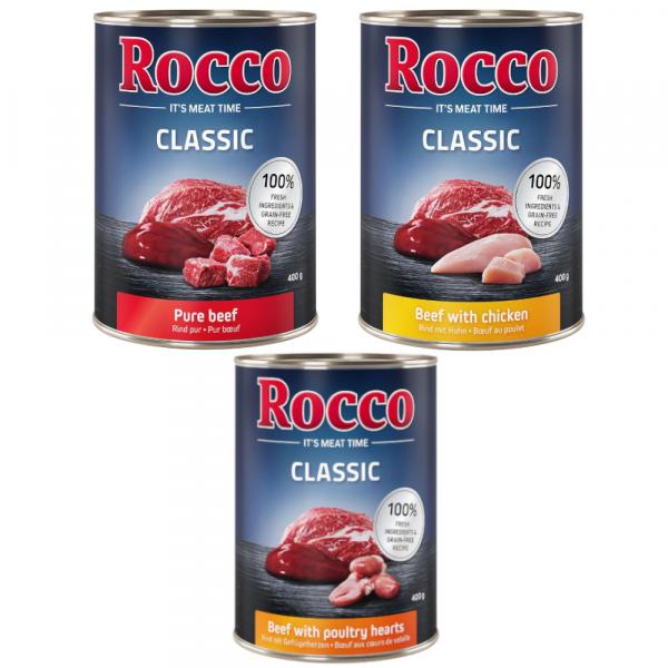 10% taniej! Mieszany pakiet Rocco, 6 x 400 g / 800 g - Classic, Mix I: czysta wołowina, wołowina/serca drobiowe, wołowina/kurczak, 6 x 400 g