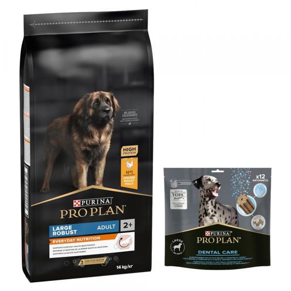 PURINA PRO PLAN: karma sucha + Dental Care dla dużych psów, 426 g (12 sztuk) gratis! - Large Robust Adult Everyday Nutrition, kurczak i ryż, 14 kg
