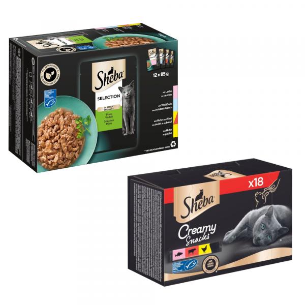 15% taniej! Sheba: Selection, karma mokra, 12 x 85 g + Creamy Snacks, 18 x 12 g - Pyszna Różnorodność w sosie, 12 x 85 g + Creamy Snacks, 18 x 12 g